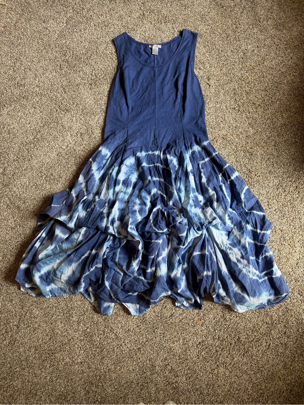 Women’s Bubble Hem Lagenlook Midi Tank Dress Sz L Cotton Ties Tie-Dye Drop Waist